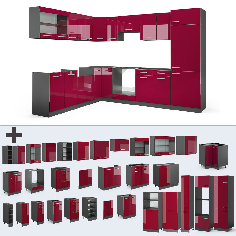 Vicco Cucina angolare completa Rosso lucido/antracite 287 x 60 cm , PL Marmo