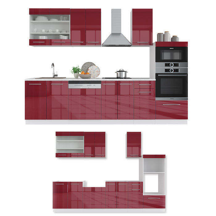 Vicco Cucina componibile Bordeaux lucido/bianco 300 cm con armadio alto, PL Rovere