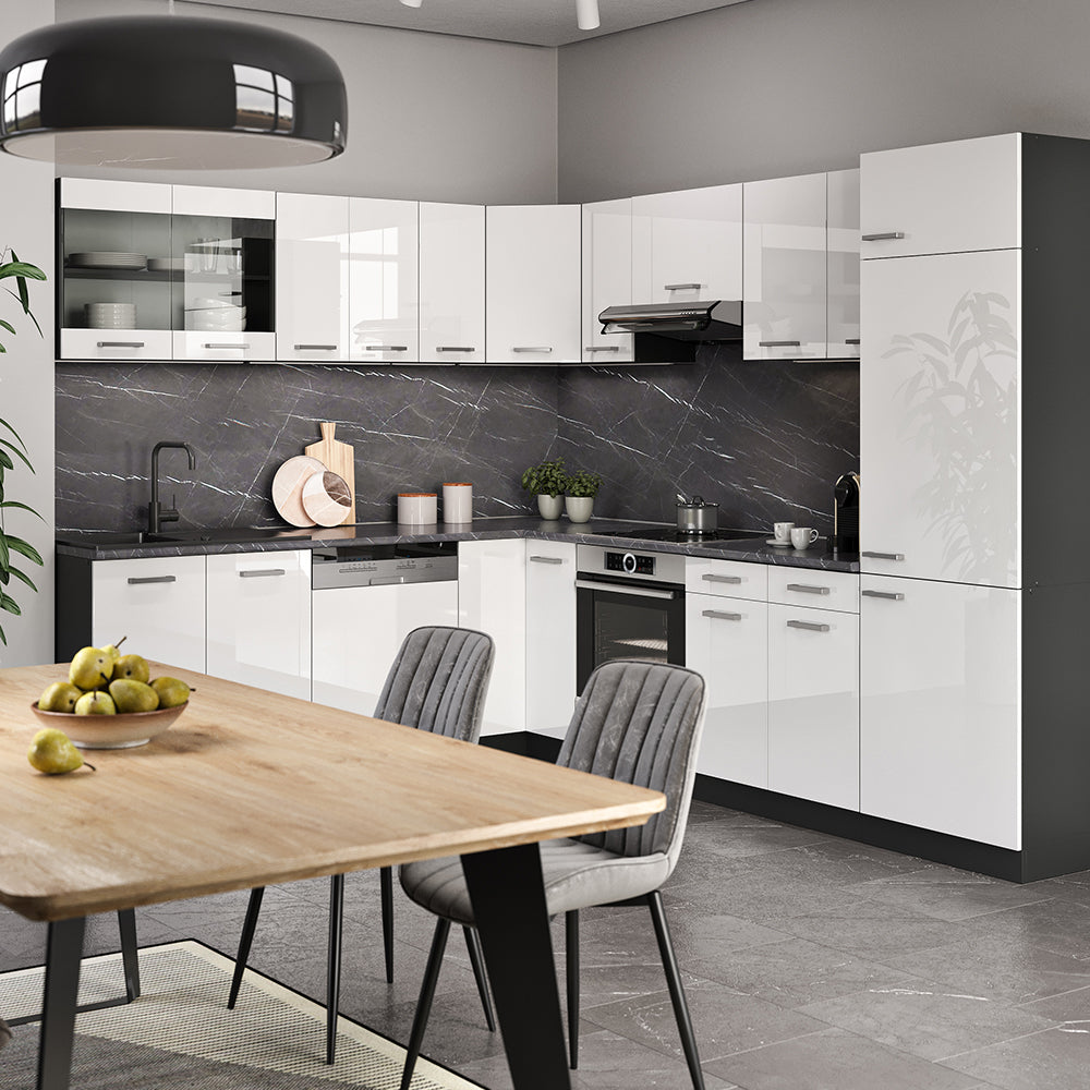 Vicco Cucina angolare completa Bianco lucido/antracite 227 x 287 cm senza piano di lavoro