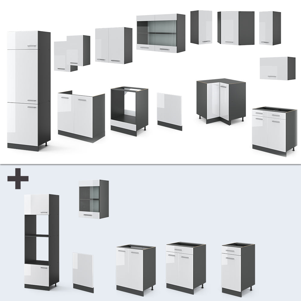 Vicco Cucina angolare completa Bianco lucido/antracite 227 x 287 cm senza piano di lavoro