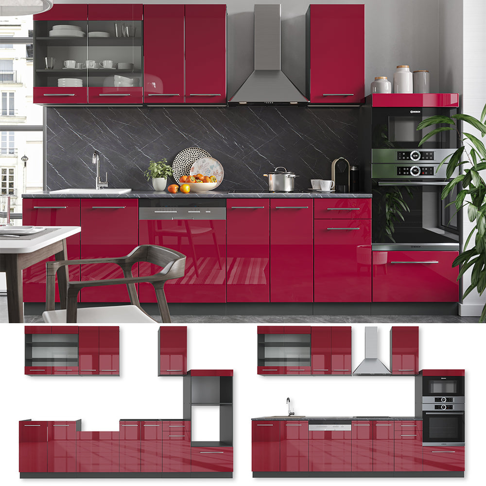 Vicco Cucina componibile Bordeaux lucido/antracite 300 cm con armadio alto, PL Rovere