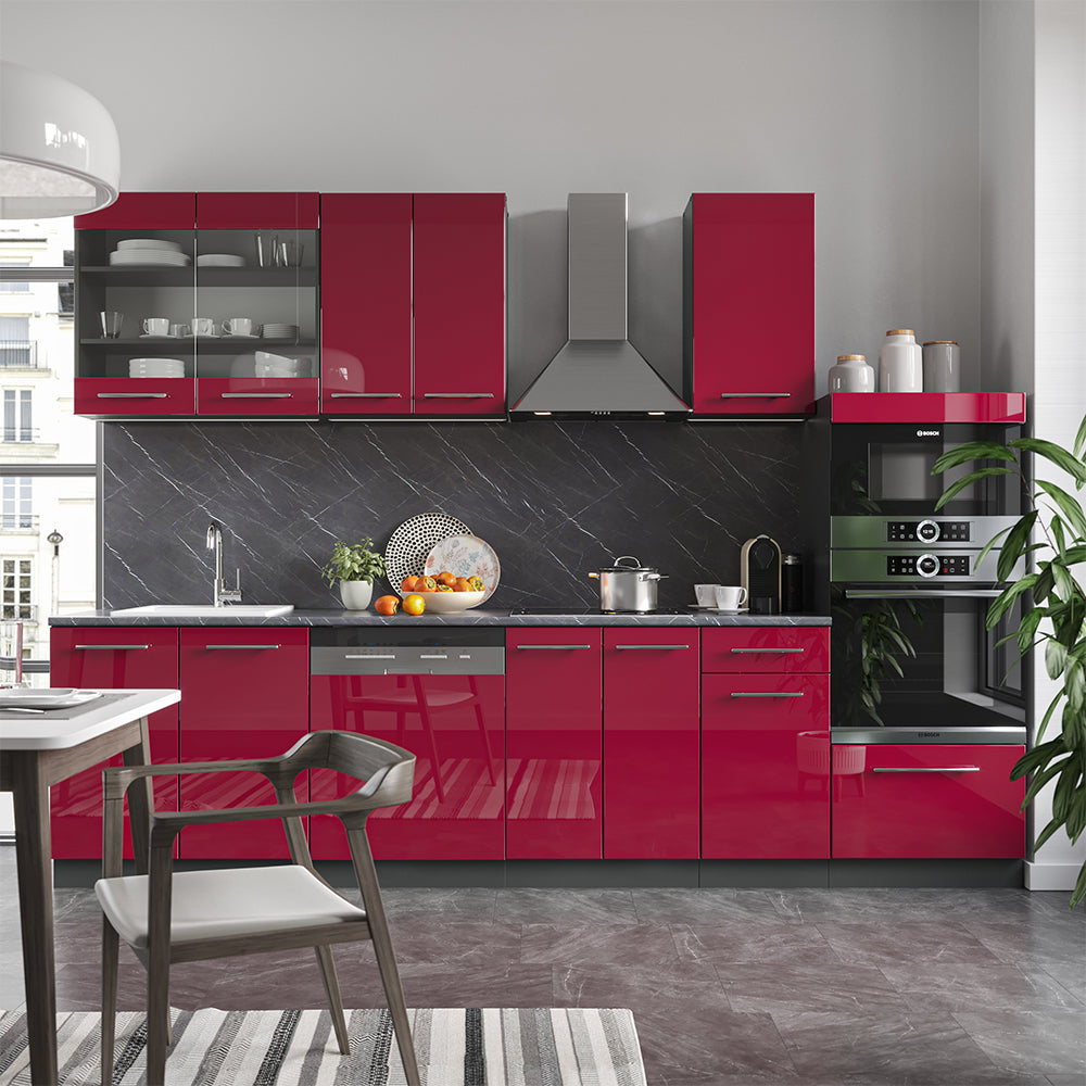 Vicco Cucina componibile Bordeaux lucido/antracite 300 cm con armadio alto, PL Rovere
