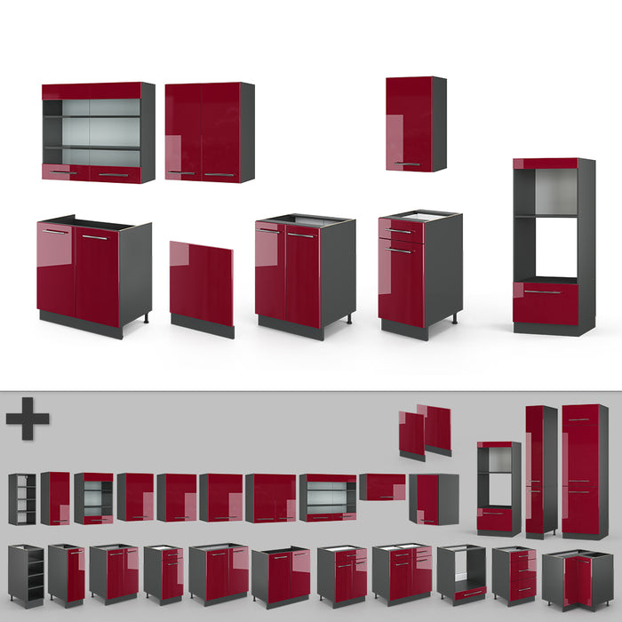 Vicco Cucina componibile Bordeaux lucido/antracite 300 cm con armadio alto, PL Rovere