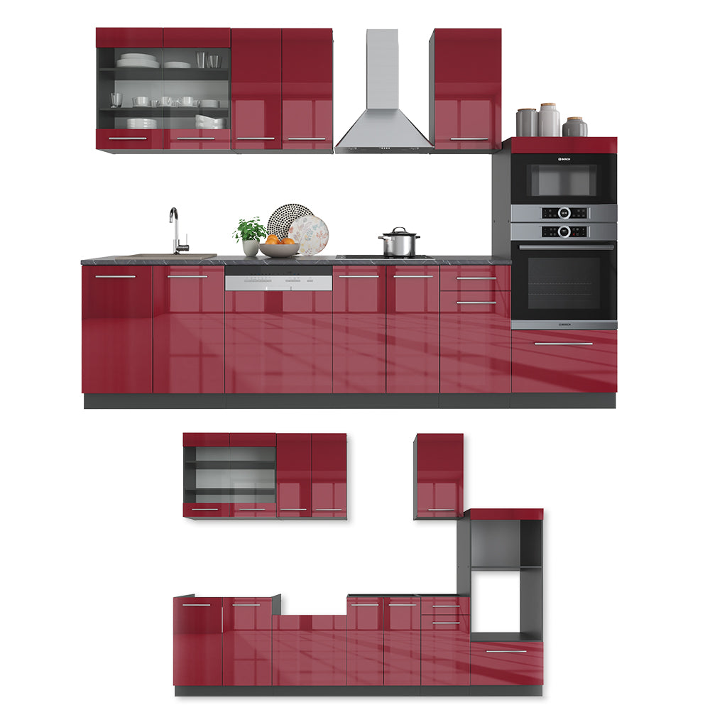 Vicco Cucina componibile Bordeaux lucido/antracite 300 cm con armadio alto, PL Rovere