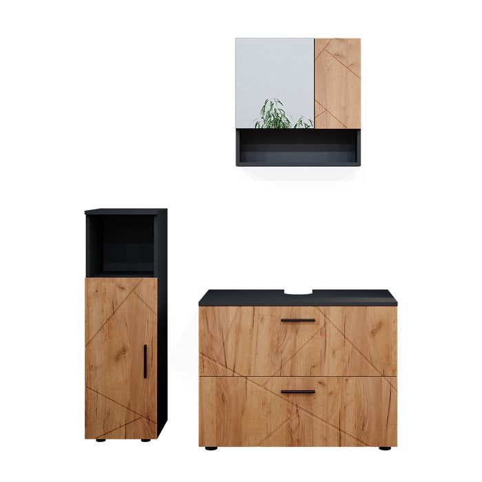 Vicco Set mobili bagno Quercia dorata/antracite 3 parti, con mobile midi