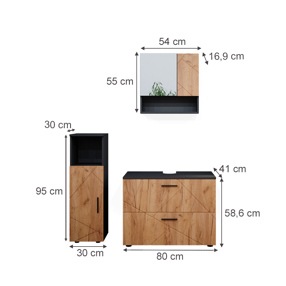 Vicco Set mobili bagno Quercia dorata/antracite 3 parti, con mobile midi