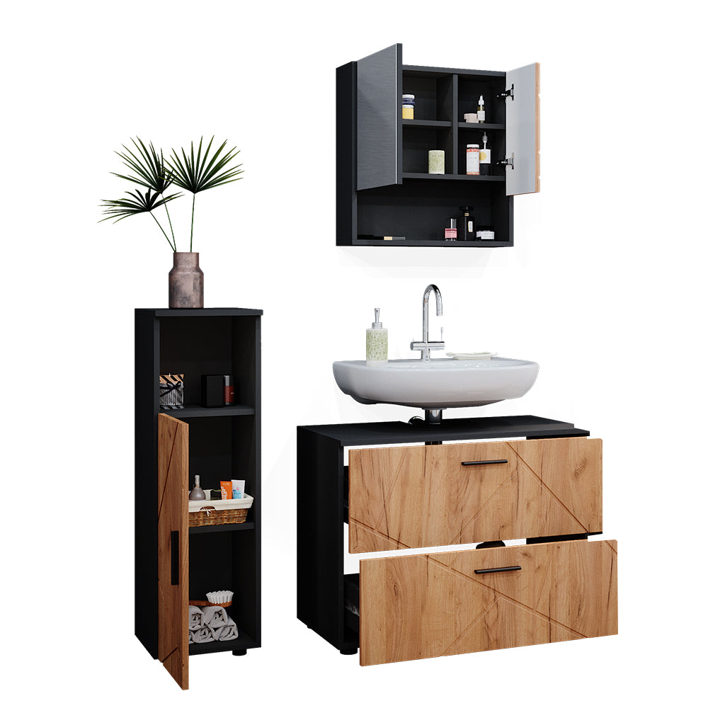 Vicco Set mobili bagno Quercia dorata/antracite 3 parti, con mobile midi