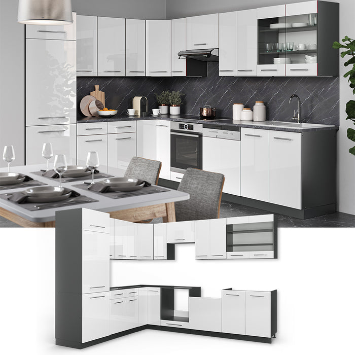Vicco Cucina angolare completa Bianco lucido/antracite 227 x 60 cm senza piano di lavoro