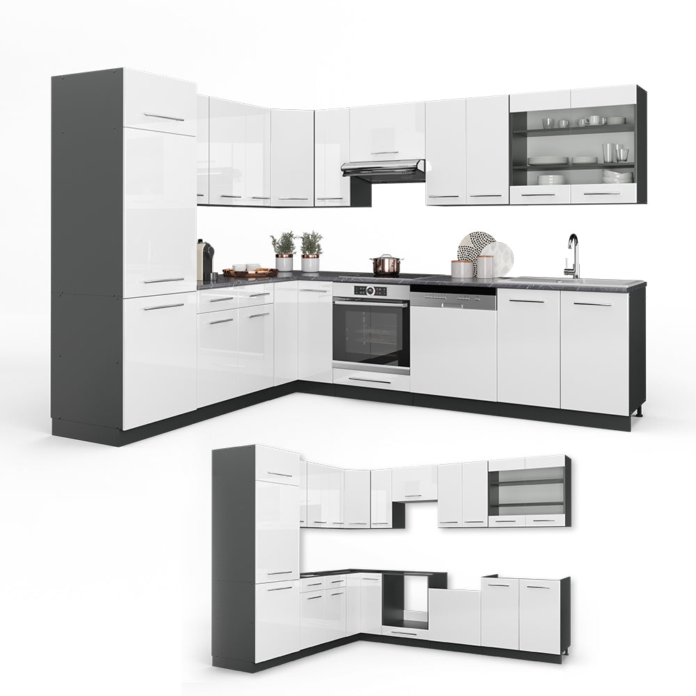 Vicco Cucina angolare completa Bianco lucido/antracite 227 x 60 cm senza piano di lavoro