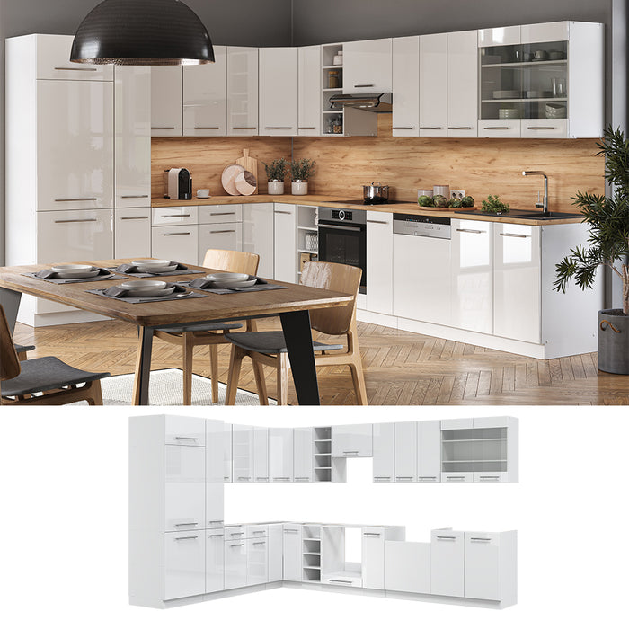 Vicco Cucina angolare completa Bianco lucido/bianco 347 x 257 cm senza piano di lavoro