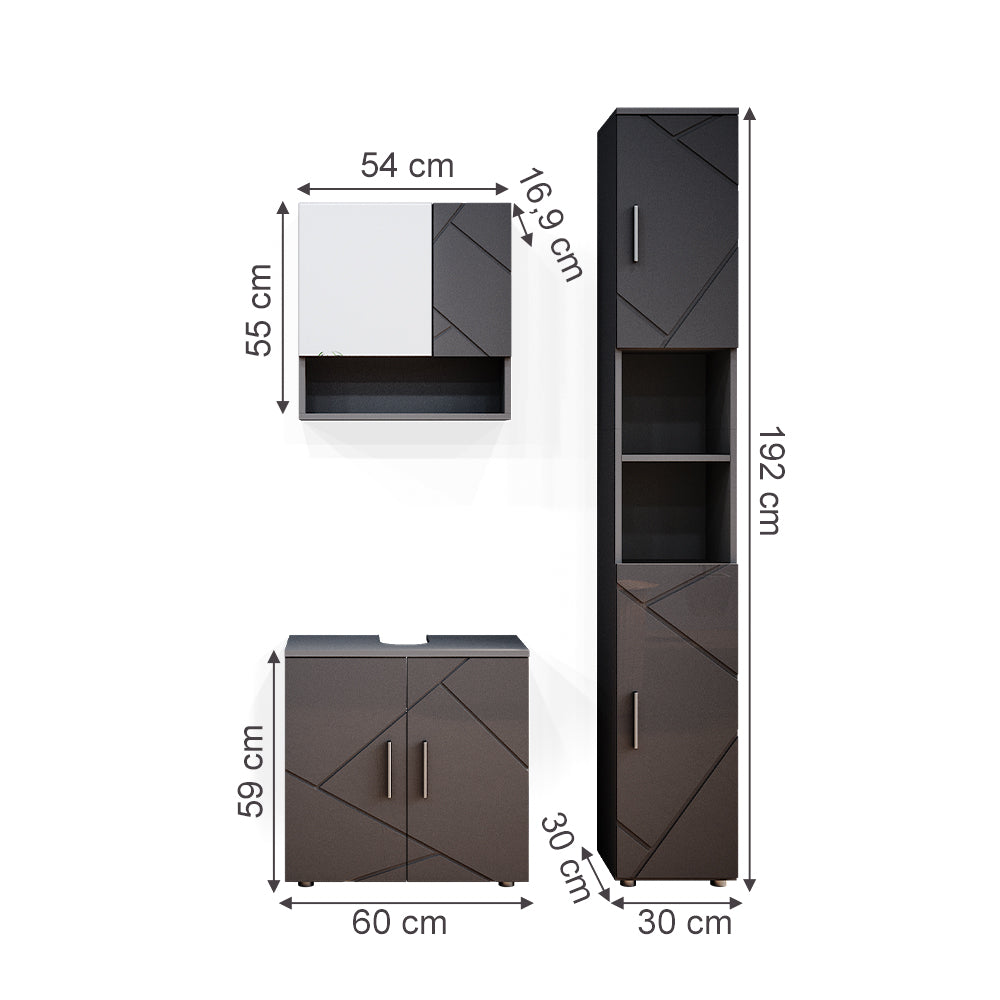 Vicco Set mobili bagno Antracite lucido 3 parti, con colonna