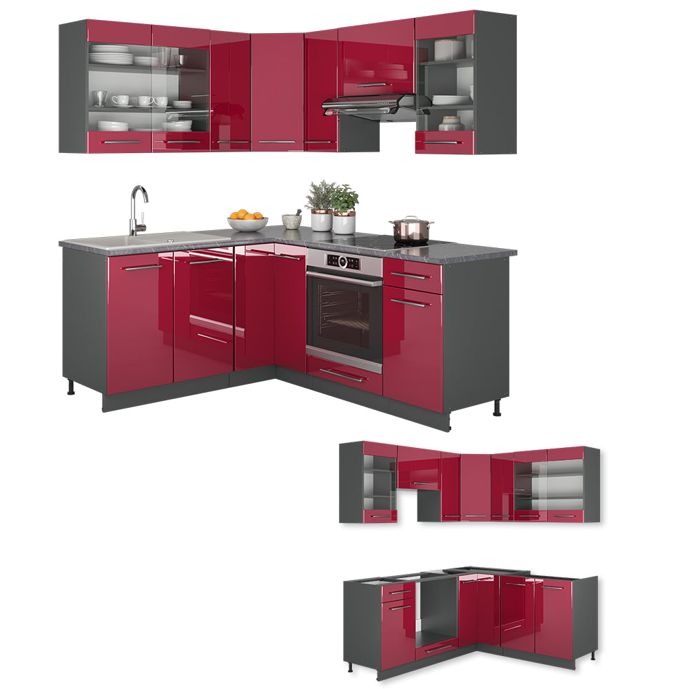 Vicco Cucina angolare completa Bordeaux lucido/antracite 160 x 190 cm , PL Rovere