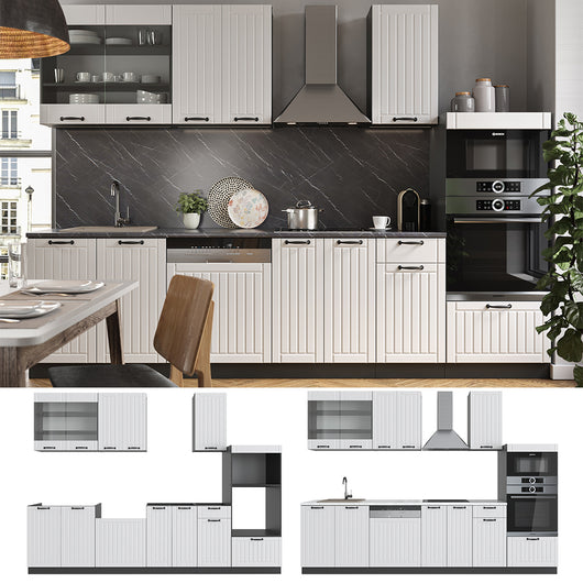 Vicco Cucina componibile Bianco casa di campagna/antracite 300 cm con armadio alto, PL Rovere