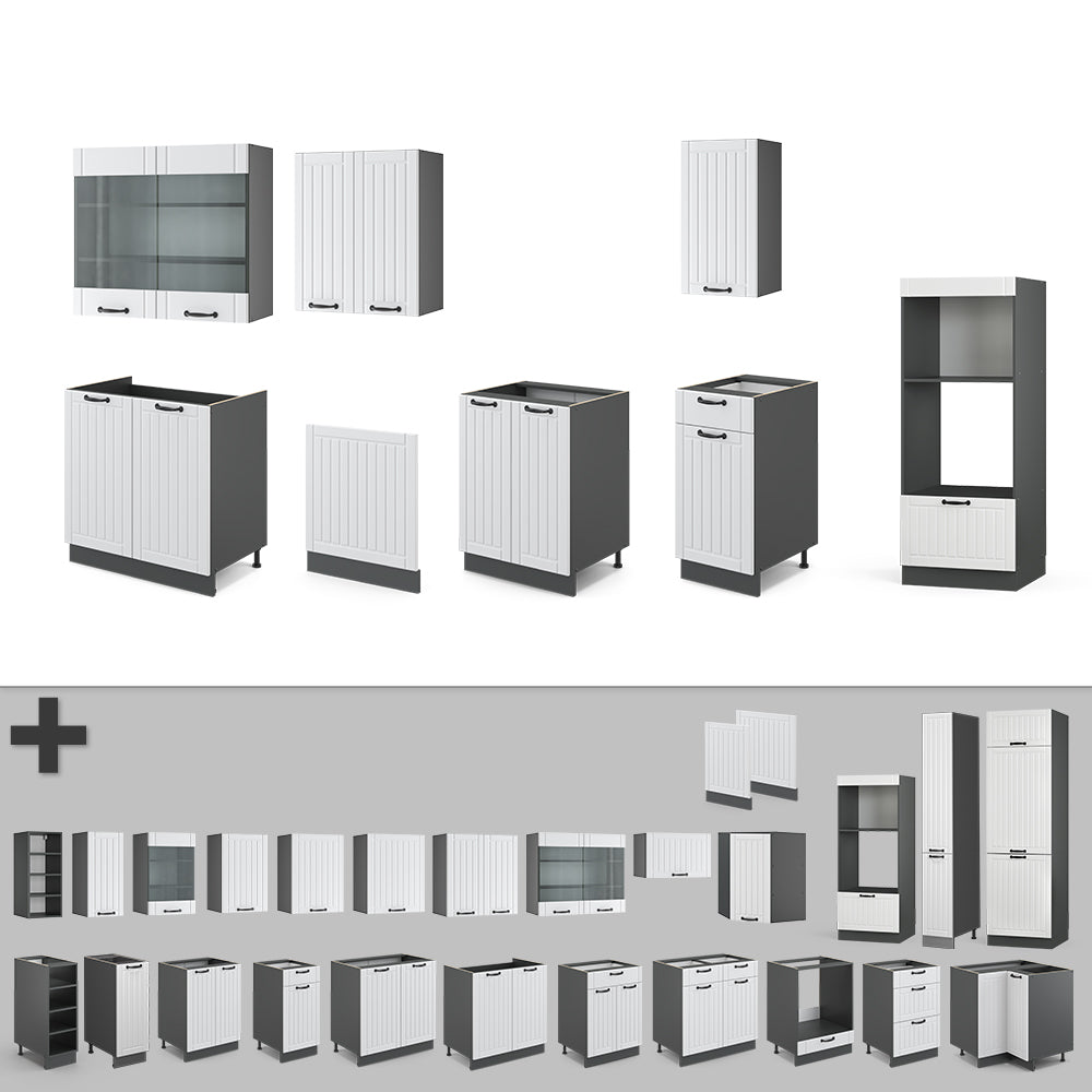 Vicco Cucina componibile Bianco casa di campagna/antracite 300 cm con armadio alto, PL Rovere