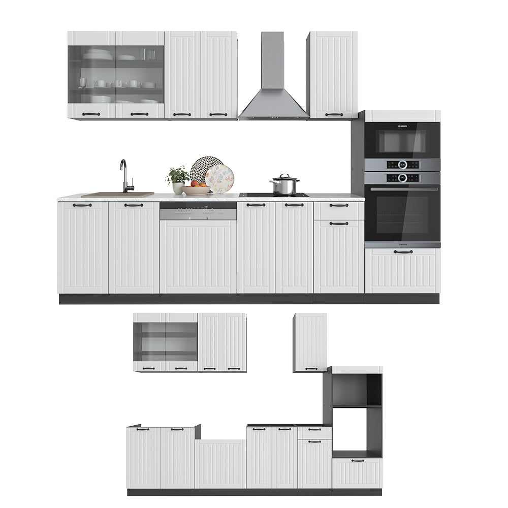 Vicco Cucina componibile Bianco casa di campagna/antracite 300 cm con armadio alto, PL Rovere