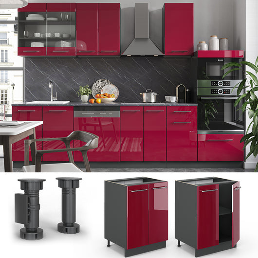 Vicco Mobiletto base cucina Rosso bordeaux lucido 60 cm , PL Rovere