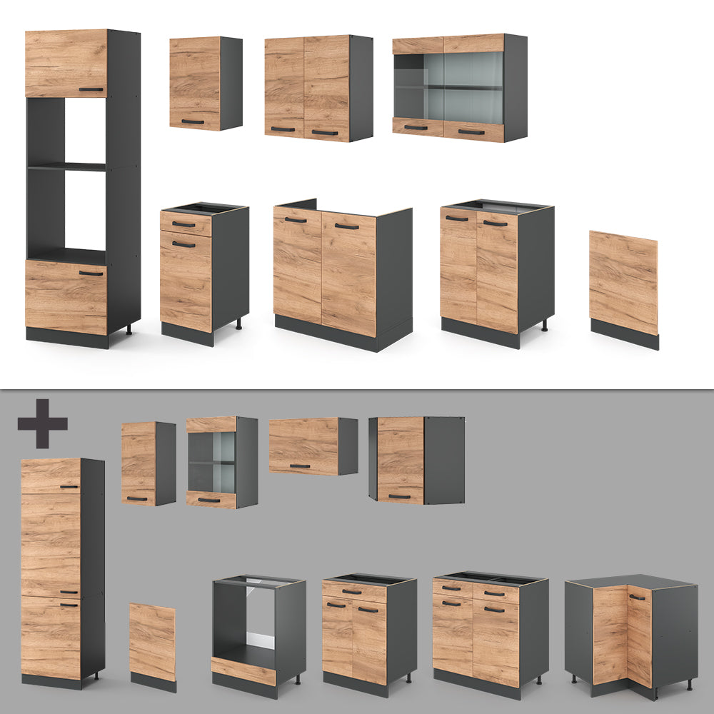 Vicco Cucina componibile Quercia dorata/antracite 300 cm con armadio alto, PL Antracite