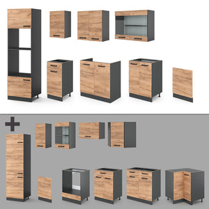 Vicco Cucina componibile Quercia dorata/antracite 300 cm con armadio alto, PL Antracite
