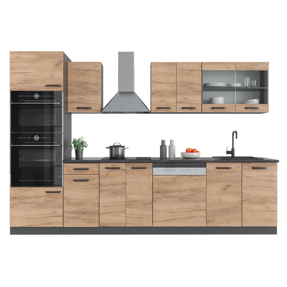 Vicco Cucina componibile Quercia dorata/antracite 300 cm con armadio alto, senza piano di lavoro
