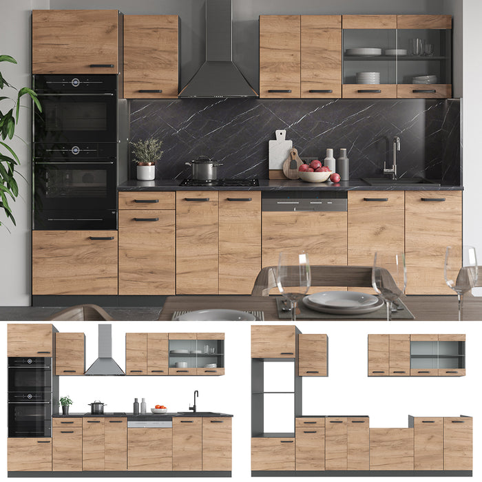 Vicco Cucina componibile Quercia dorata/antracite 300 cm con armadio alto, PL Marmo