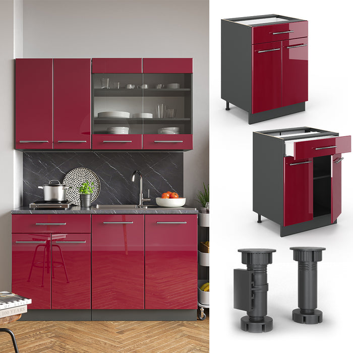 Vicco Mobiletto base per cucina Rosso bordeaux lucido 60 cm con cassetto, PL Rovere