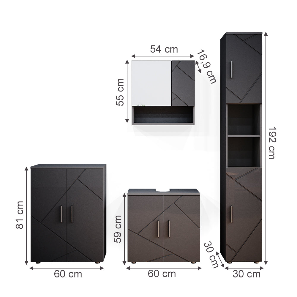 Vicco Set mobili bagno Antracite lucido 4 parti, con armadio alto e cassettiera