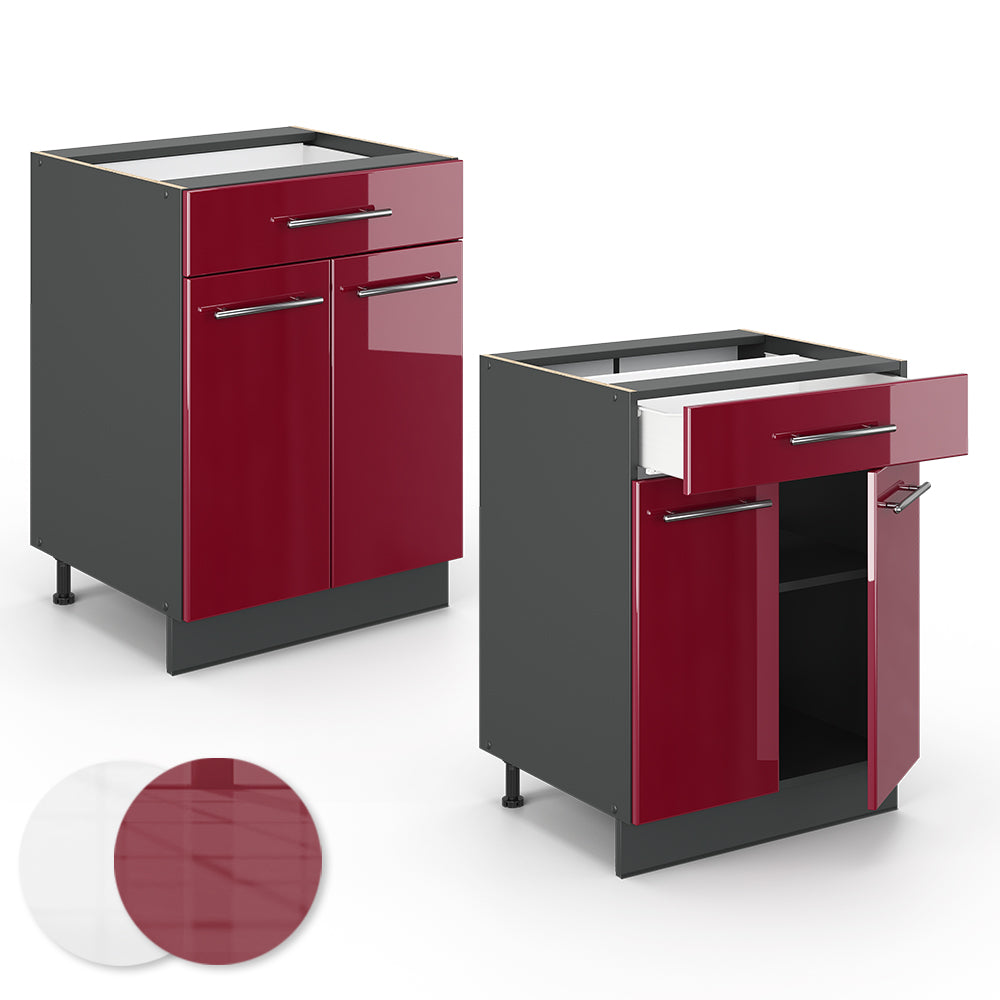 Vicco Mobiletto base per cucina Rosso bordeaux lucido 60 cm con cassetto, PL Rovere
