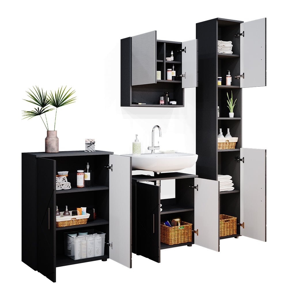 Vicco Set mobili bagno Antracite lucido 4 parti, con armadio alto e cassettiera