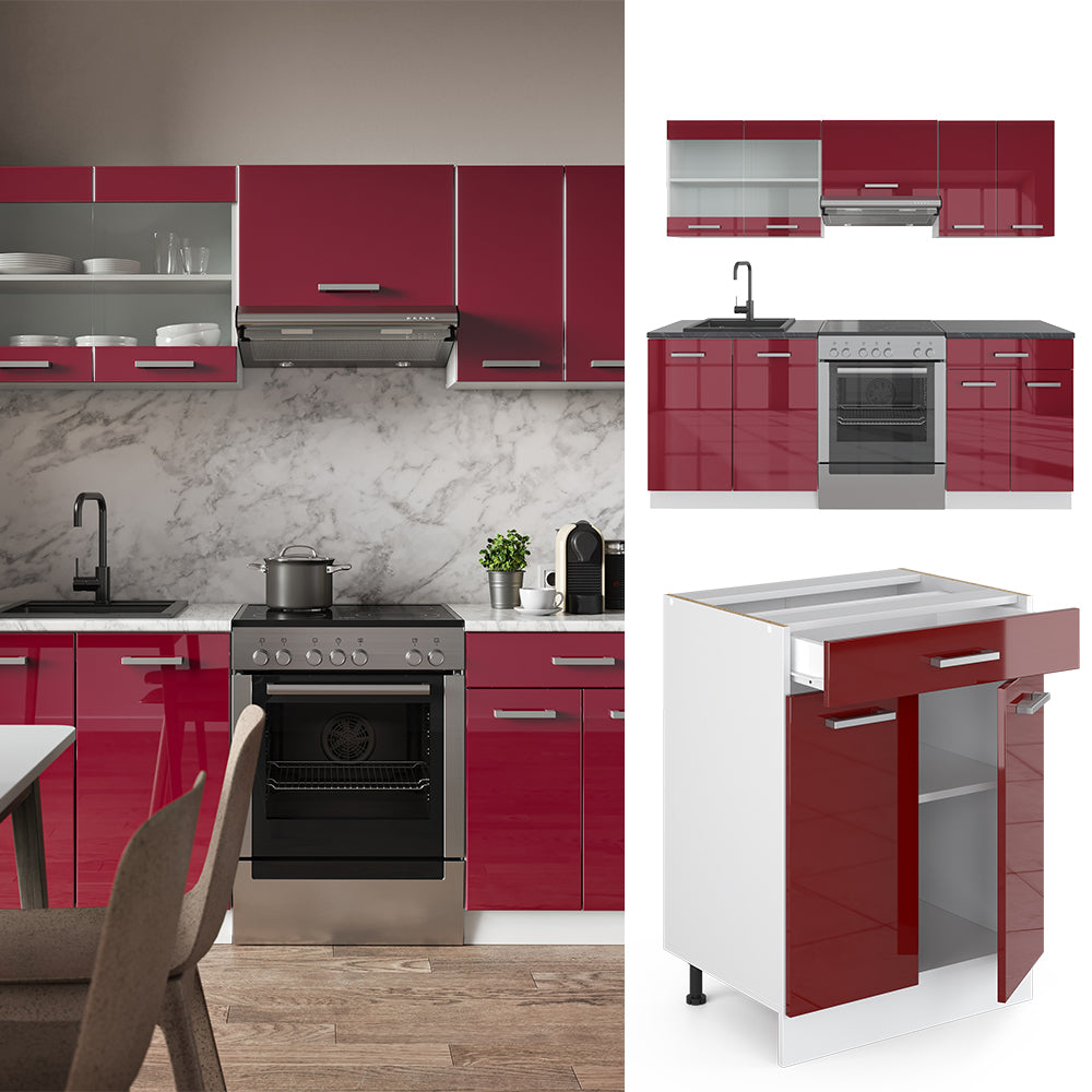 Vicco Cucina componibile Rosso lucido/bianco 200 cm senza piano di lavoro