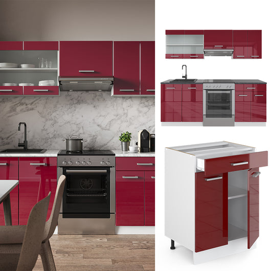 Vicco Cucina componibile Rosso lucido/bianco 200 cm senza piano di lavoro