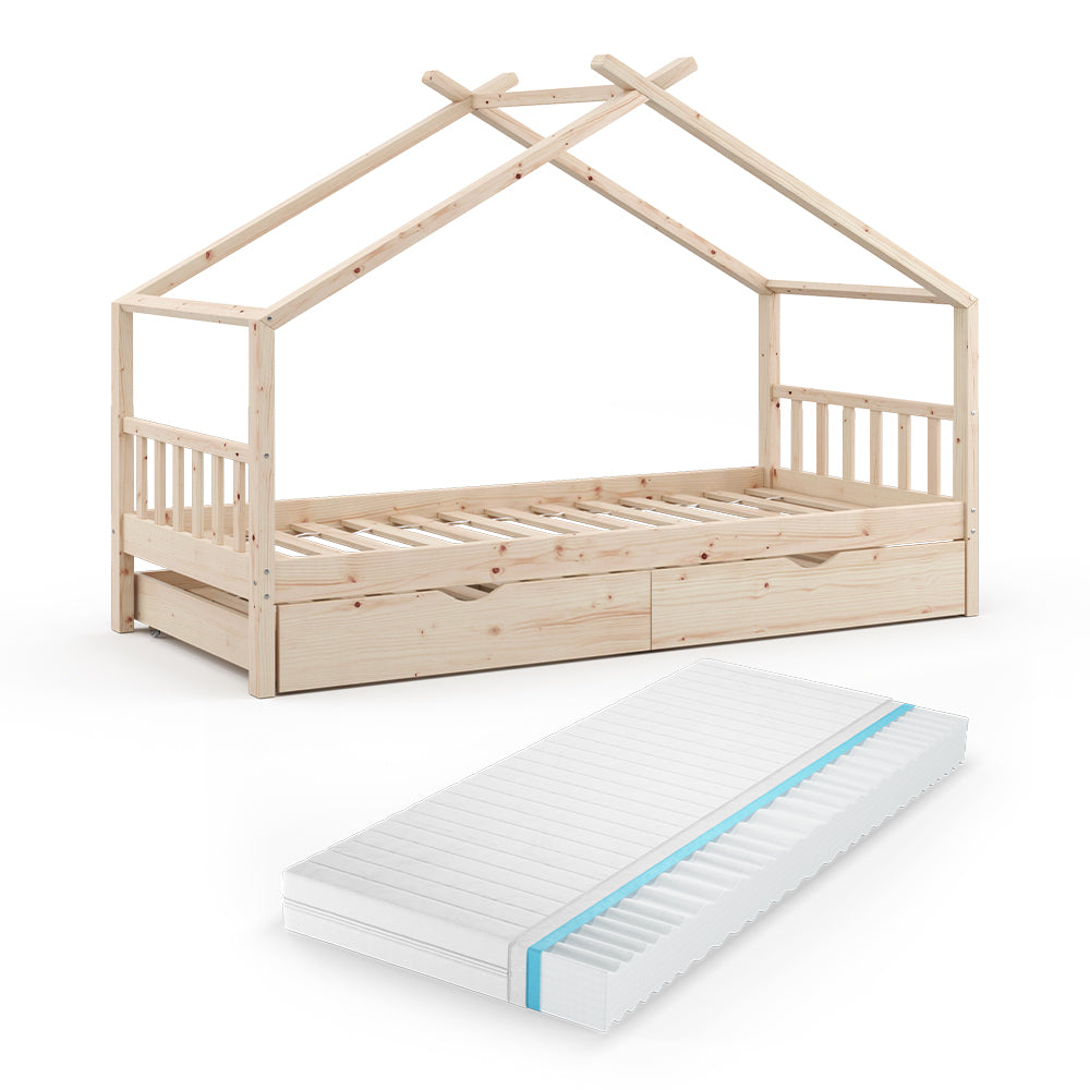 Vitalispa Letto montessori bambini Legno naturale 90x200 cm con letto per ospiti e materasso