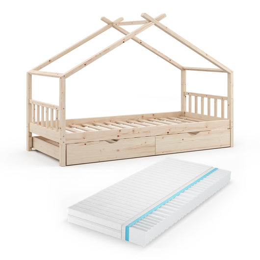 Vitalispa Letto montessori bambini Legno naturale 90x200 cm con letto per ospiti e materasso