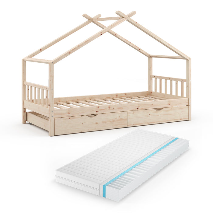 Vitalispa Letto montessori bambini Legno naturale 90x200 cm con letto per ospiti e materasso