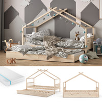 Vitalispa Letto montessori bambini Legno naturale 90x200 cm con letto per ospiti e materasso