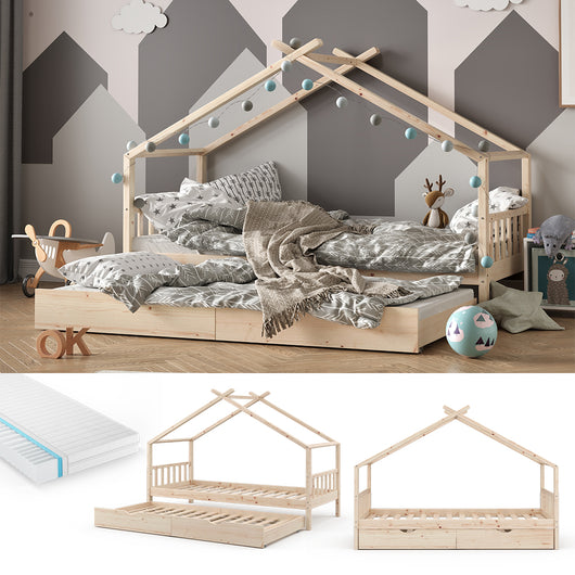 Vitalispa Letto montessori bambini Legno naturale 90x200 cm con letto per ospiti e materasso