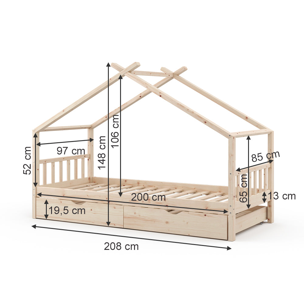 Vitalispa Letto montessori bambini Legno naturale 90x200 cm con letto per ospiti e materasso