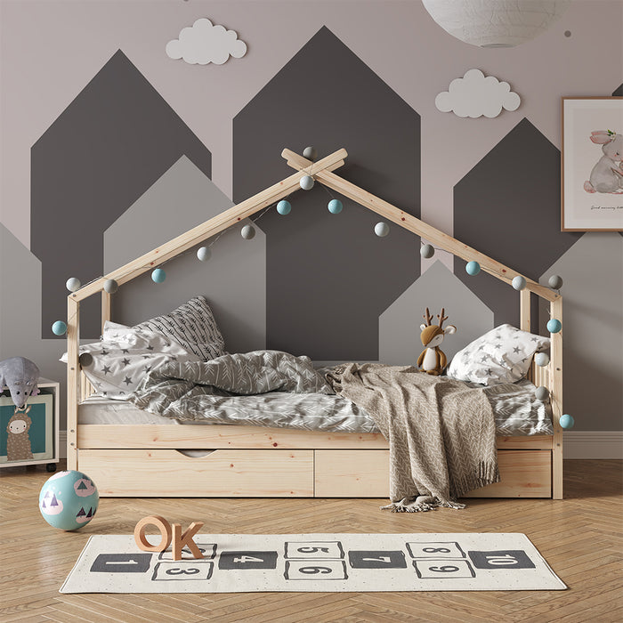 Vitalispa Letto montessori bambini Legno naturale 90x200 cm con letto per ospiti e materasso