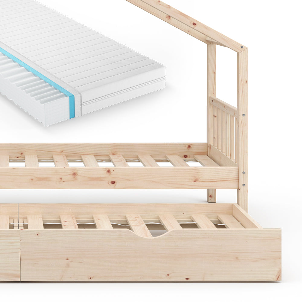 Vitalispa Letto montessori bambini Legno naturale 90x200 cm con letto per ospiti e materasso