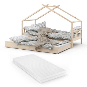 Vitalispa Letto montessori bambini Legno naturale 90x200 cm con letto per ospiti e materasso