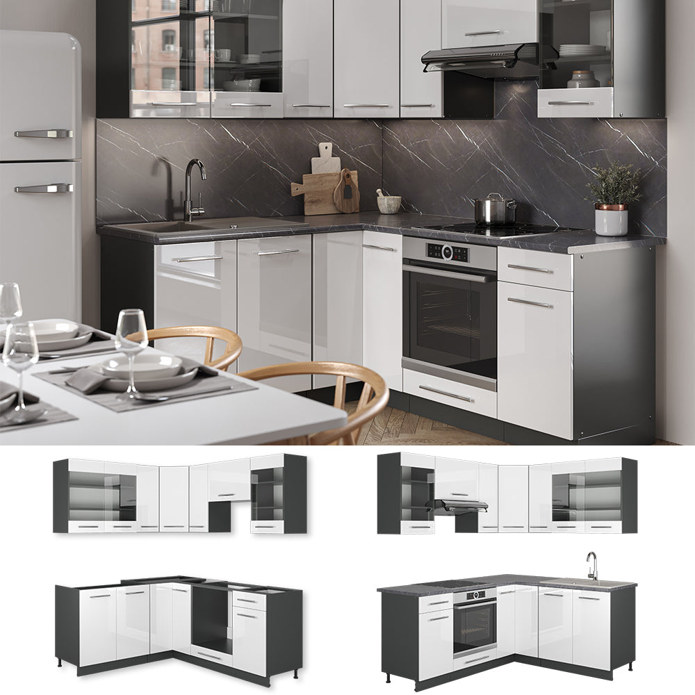 Vicco Cucina angolare completa Bianco lucido/antracite 160 x 190 cm , PL Marmo