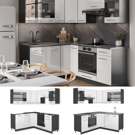 Vicco Cucina angolare completa Bianco lucido/antracite 160 x 60 cm senza piano di lavoro