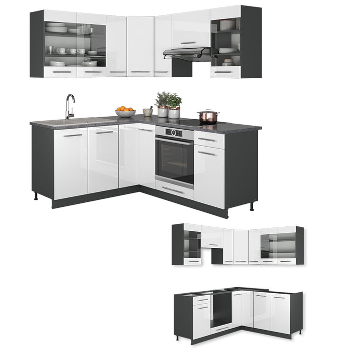 Vicco Cucina angolare completa Bianco lucido/antracite 160 x 190 cm , PL Marmo