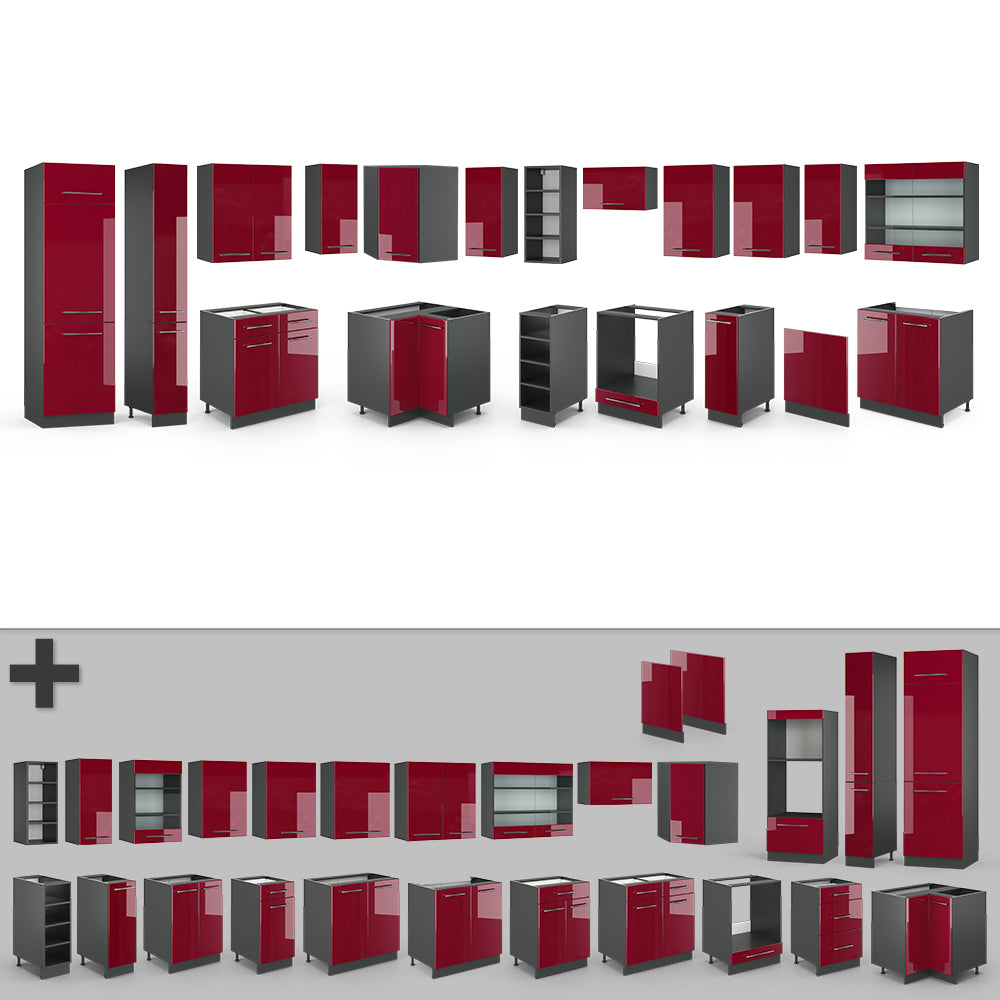 Vicco Cucina angolare completa Bordeaux lucido/antracite 347 x 257 cm , PL Marmo