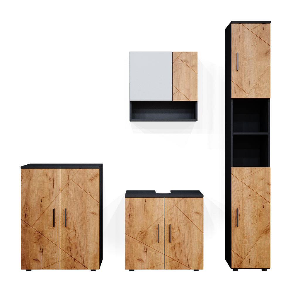 Vicco Set mobili bagno Quercia dorata/antracite 4 parti, con armadio alto e cassettiera