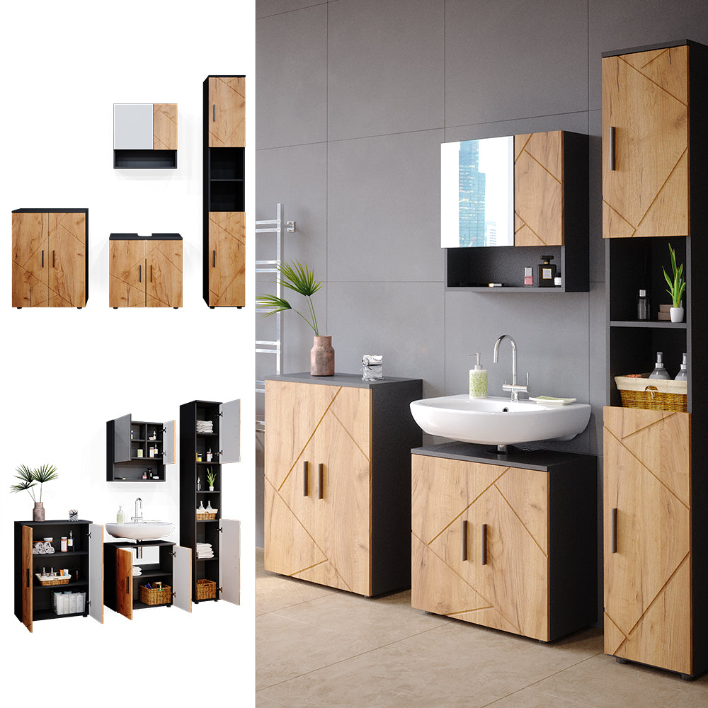 Vicco Set mobili bagno Quercia dorata/antracite 4 parti, con armadio alto e cassettiera