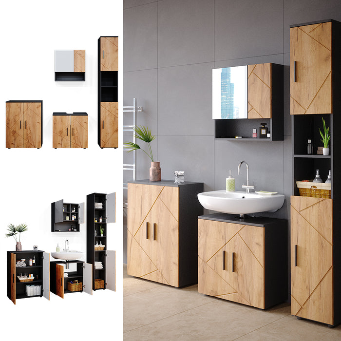 Vicco Set mobili bagno Quercia dorata/antracite 4 parti, con armadio alto e cassettiera