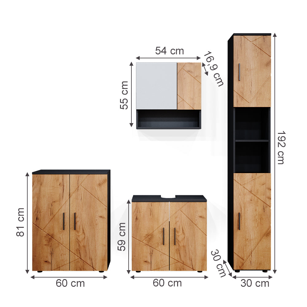 Vicco Set mobili bagno Quercia dorata/antracite 4 parti, con armadio alto e cassettiera