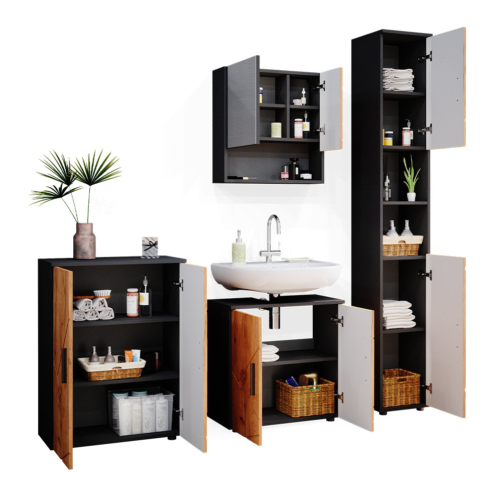 Vicco Set mobili bagno Quercia dorata/antracite 4 parti, con armadio alto e cassettiera