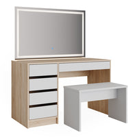 Vicco Tavolo da toeletta Bianco/Sonoma 120 cm con specchio LED e sgabello
