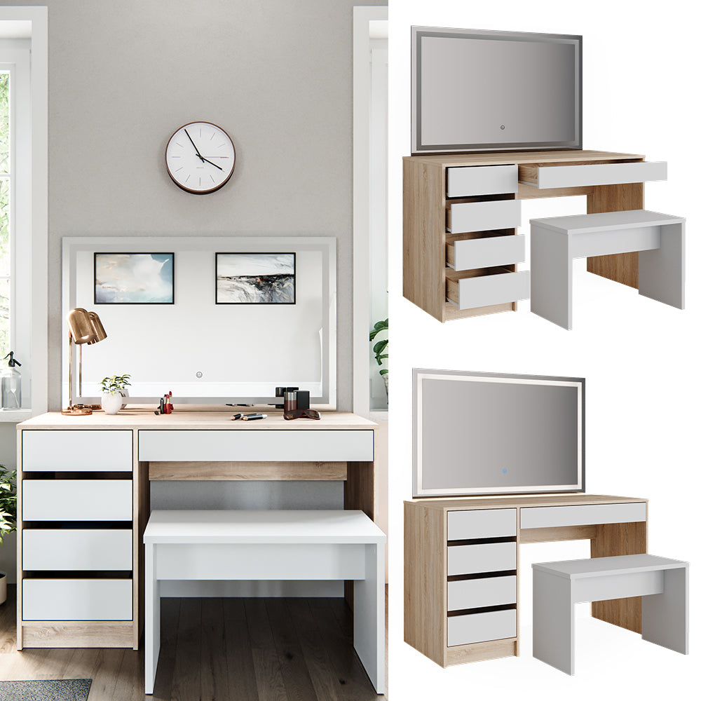 Vicco Tavolo da toeletta Bianco/Sonoma 120 cm con specchio LED e sgabello